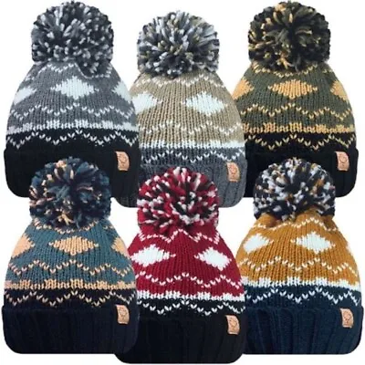 Womens Ladies Cable Knit Fairisle Winter Bobble Ski Beanie Hat Insulated Lining • £6.97