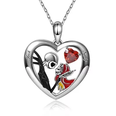 925 Sterling Silver Plated  Love You Couple Skull Heart Shinny Family Necklace • £4.49