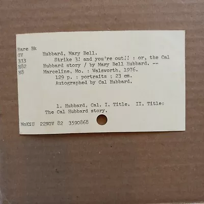 VINTAGE Library Card Catalog Card: Hubbard Mary Ball Strike 3! And You're Out! • $3.50