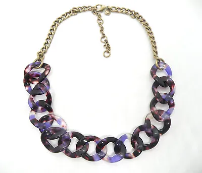 J. Crew Purple Resin Tortoise Acetate Gold Pave Chain Chunky Pendant Necklace • $11.90