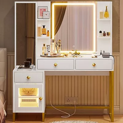 Vanity Desk With 3 Drawers & Lighted LED Mirror Makeup Vanity Table White & Gold • $259.89