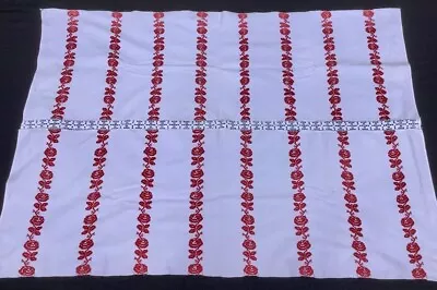 £25 • Buy Antique French Red & White Floral Linen Tablecloth (98x135.5cm)