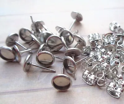 20pcs Stainless Steel Stud Earring Blanks - Bezel Tray To Fit 6mm Cabochon • £6.25