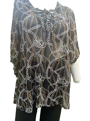 Miss Tina Sheer Tunic Top Chain Print In Black/White/Tan Size Medium • $7