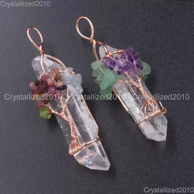 Natural Gemstone Clear Quartz Crystal Rock Stick Life Tree Pendant Healing Beads • $17.05