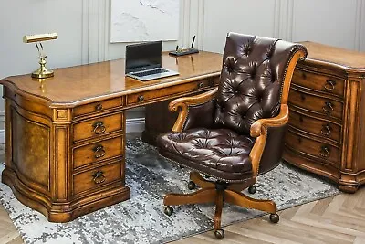 Antique Burr Oak Twin Pedestal Leather Top Desk Captains Chair & Filing Cabinet • £3250