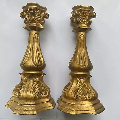 2 X GOLD TONE RESIN ORNATE TALL PILLAR SHAPED CANDLESTICK HOLDER REGENCY STYLE • £8.99