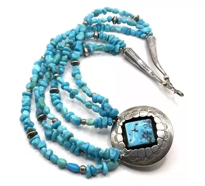 Native American Sterling Silver Turquoise & Coral Reversible Pendant Necklace • $69.99