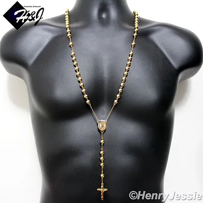 30+5 MEN's Stainless Steel HEAVY 8mm Gold Plated Beads Cross Rosary Necklace • $19.99