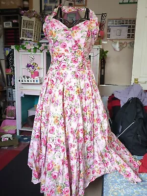 Vivien Of Holloway 50s Pink Floral Halterneck Circle Dress VOH 14 B36;W28;H40 • $57.24