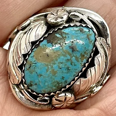 Navajo Men Natural Turquoise Ring Size 11.5 Sterling Silver Leaves Native  10.2g • $90.94