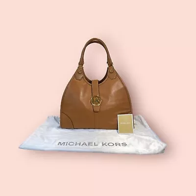 MICHAEL KORS Hudson Large Luxury Leather Shoulder Bag Tote MSRP $378 Luggage EUC • $125