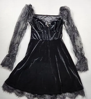 Gothic Velvet Mini Dress V Neck Long Sleeve Lace Trim Short Womens Size Small  • $11.99