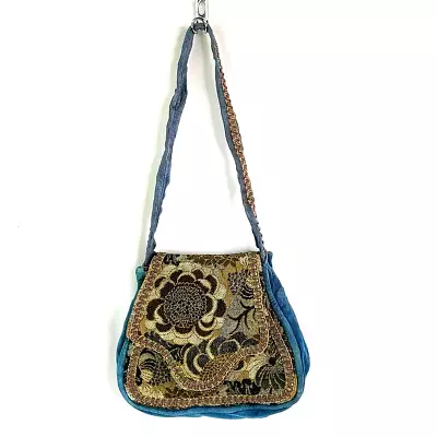 Carpet Bags Of America Teal Blue Velvet Brown Tapestry Flap Purse Handbag • $19.50