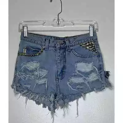 Vintage Guess Destroyed Cutoff Denim Shorts Size 26 Embellished Rivets Studs • $24.99