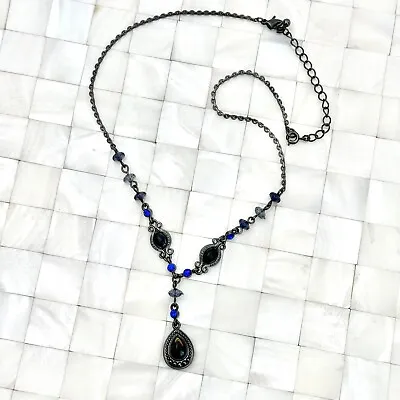 Blue Bead & Black Cabochon Gunmetal Tone Lariat Necklace The Vintage Strand#3251 • $10.19