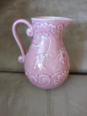 Bordallo Pinheiro Portugal Pink Floral Ceramic Embossed Handled 6.25” Pitcher • $21.95
