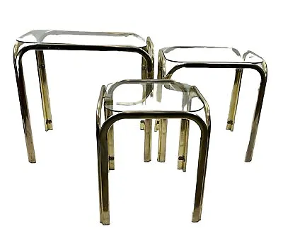 VTG 70s Mid Century Modern MCM Regency Brass Glass Nesting Tables Set 3 • $351.99