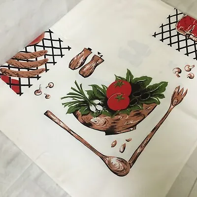 Vtg California Hand Prints Printed Tablecloth Watermelon Steaks Food MCM 70x44 • $45.99