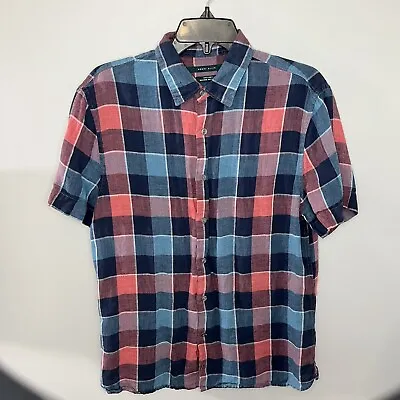 Perry Ellis Mens Short Sleeve Linen Plaid Blue Pink Button Up Shirt Medium VGC • $12.95