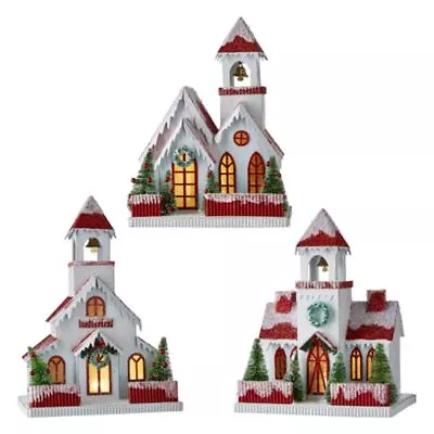 $72.51 • Buy Set/3 10  Snowy Lighted Putz Steeple Church Village Retro Vntg Christmas Decor