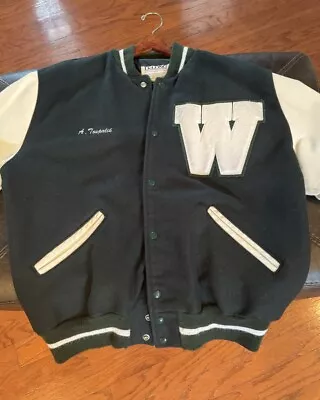 Vintage Delong Men's “W” Letterman Wool Varsity Jacket Dark Green Size XL 2002 • $44