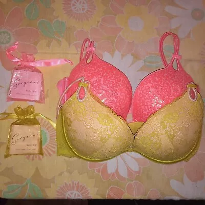 Victoria's Secret 34D Bra Pink Green Lace Orange Bling Sequin Gorgeous LOT OF 2 • $69.99