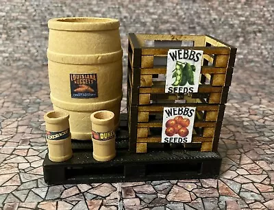 2 Large  Crates 3 Barrels 1 Pallet Live Steam Diorama Dolls House 1/12 Scale • £9.45