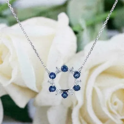 3CT Round Lab Created Blue Sapphire Women Pendant Necklace 14K White Gold Plated • $77.99
