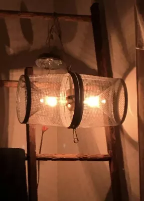 Minnow Trap Pendant Light Two Tube Lights Vintage Metal Fish Stringer Cabln • $89