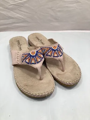 Minnetonka Moccasins Womens 7 Beaded Thong Sandals Beige Leather SE 30 • $14.99