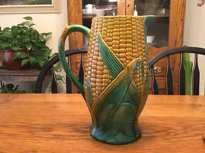 Antique 11 3/8  Tall Majolica Yellow And Green Corn Tankard Pitcher • $499