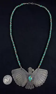Vintage Navajo Necklace - Coin Silver And Turquoise - Large Thunderbird • $389