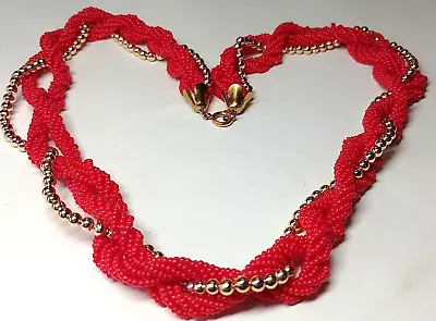  BB2 --vintage Bright Red Glass & Gold Tone Twisty Multi-row Beads Necklace • £6.50