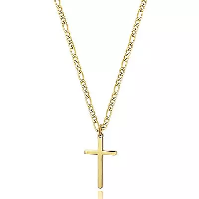 14K Gold Filled Cross Necklace For Men Figaro Chain Stainless Steel Plain Pol... • $21.78