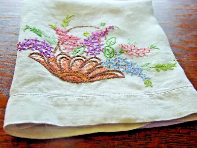 Vtg.Linen Kitchen Towel Hand Embroidered Flower Basket 17x40  1950's ExCond! • $3.99