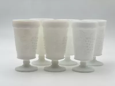 Vintage Milk Glass Pedestal Goblet White Footed Cup Grape Vine Pattern Set Of 6 • $42