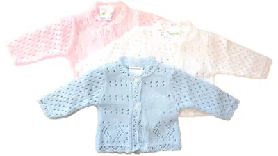 New Baby Knitted Cardigan Girls Boys Pink Blue White 0-3 3-6 6-9 Months • £7.95