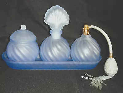 Vintage Perfume Dresser Set ~ 2 Perfumes Face Powder Tray ~ Powder Blue Swirl • $25