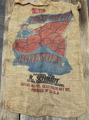 Vintage Burlap Potato Seed Sack Bag Prize Catch R. Schmidt Sabin Minnesota 50 Lb • $29.99