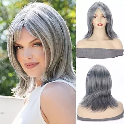 Short 12 Inch Wavy Straight Grey Hair Wigs For Women Synthetic Hair Wig Mom Gift • $21.69