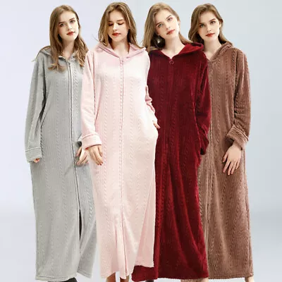 Women Homewear Front Zipper Bathrobe Hooded Robe Dressing Gown Long Fleece • $77.03