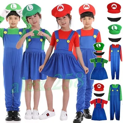 Kids Super Mario Costume Fancy Dress Up Party Cosplay Outfits Boys Girls Outfits • $16.50