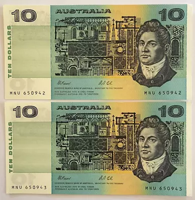 Consecutive 1991 $10 Paper Bank Notes - Fraser & Cole - AUnc/UNC - R313b • $60