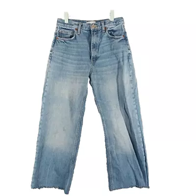 ZARA Wide Leg Hi-Rise Jeans Size 6 W28 L26 Stone Wash Raw Hem Blue • $19.50