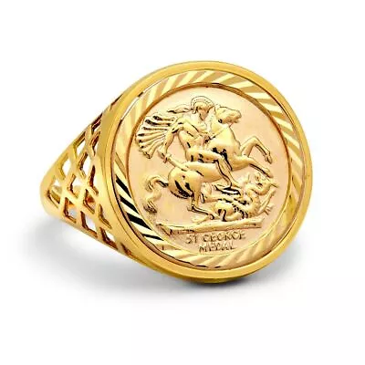 Solid 9ct Yellow Gold Half Sovereign Size St George Coin Ring - This Is Not A • £329.56