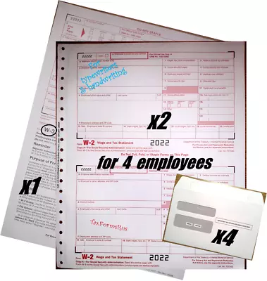 2022 IRS TAX FORMS KIT:: W-2 Wage Stmts CARBONLESS 4 Employees+Envelopes+(1)W-3 • $11.95