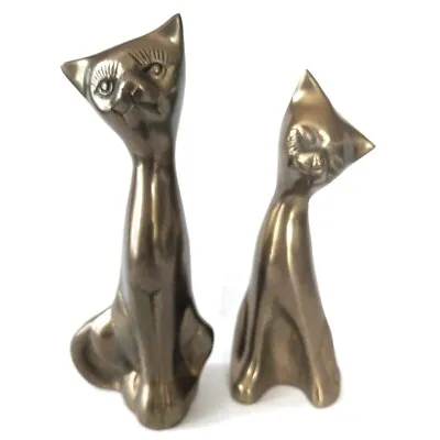 Vintage Brass Cats Statues Figures Lot Of 2 Two Mid Century Pair MCM Set Siamese • $29.99
