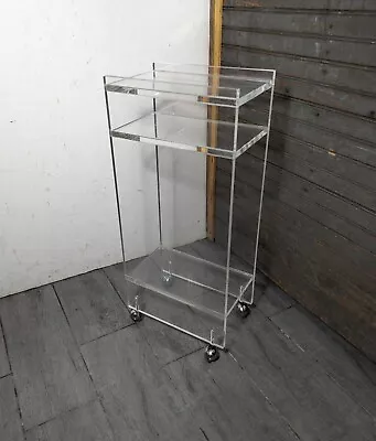 Vintage Mid Century Modern Clear Lucite Acrylic Mini Bar Cart Shelf Table Wheels • $360