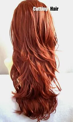 CUTTING HAIR - Sexy Copper Red 3/4 Wig Layer Wavy Long  Layered Half Wig 025-130 • £21.99